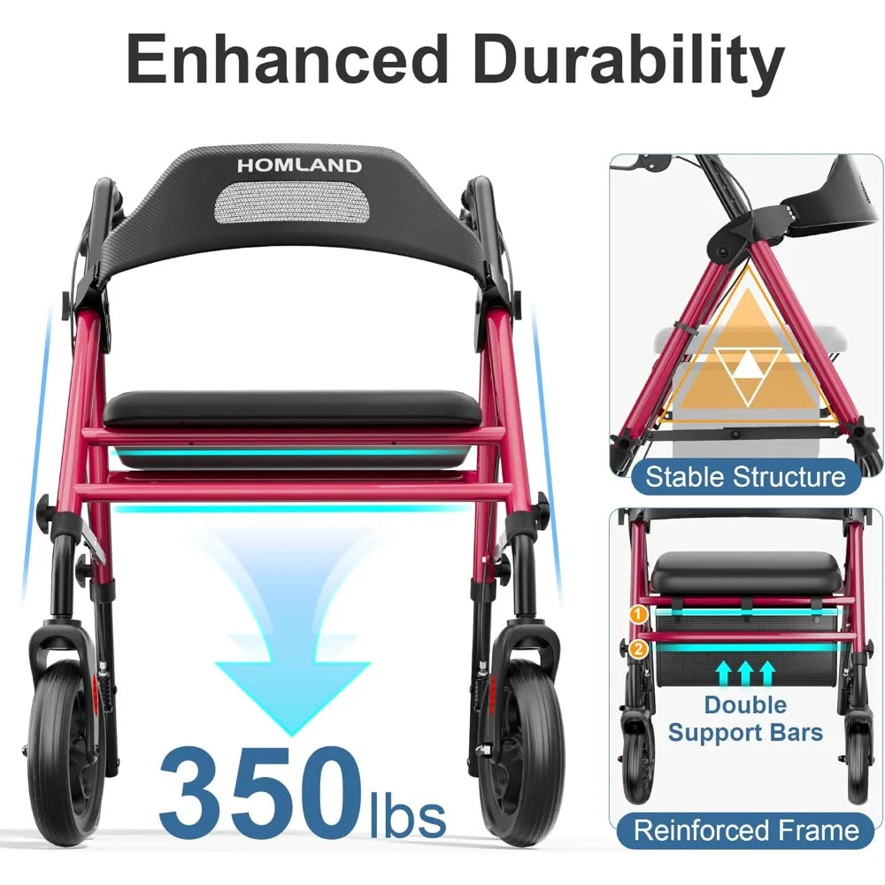 Foldable Rollator Walkers with Seat for Seniors, 8'' Big Wheels, 350 lb. Weight Capacity, Adjustable Handles and Seat Height