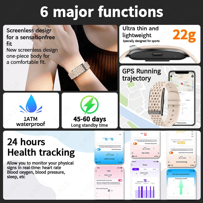 LIGE New No Screen Smart Watch 20 Day Ultra Long Battery Life Blood Oxygen Blood Pressure Monitoring Sports Smart Bracelet