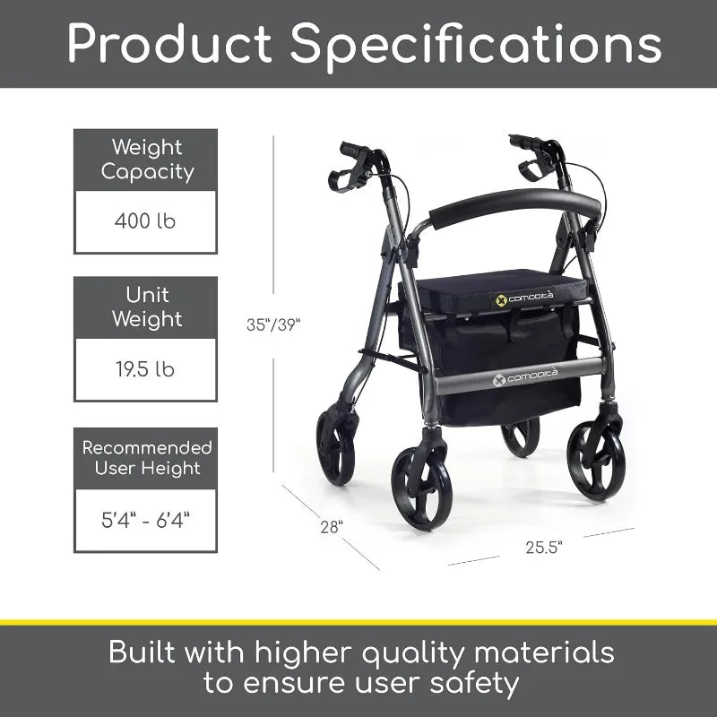 Prima Rolling Walker, Wheeled Rollator with Extra Wide Seat and Brakes for Adults and Seniors, Easy Folding, Metallic