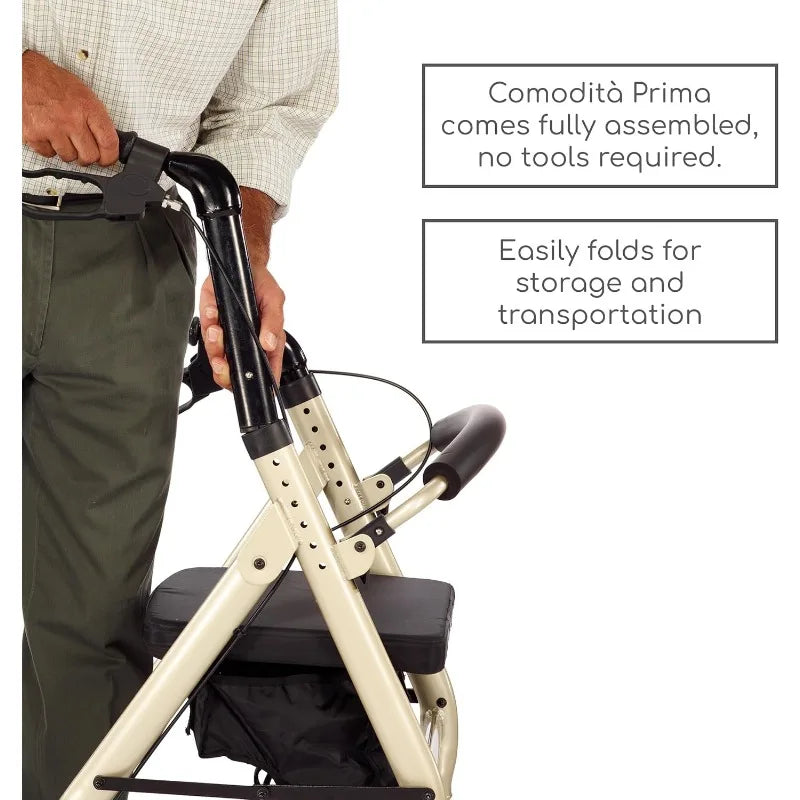 Prima Rolling Walker, Wheeled Rollator with Extra Wide Seat and Brakes for Adults and Seniors, Easy Folding, Metallic