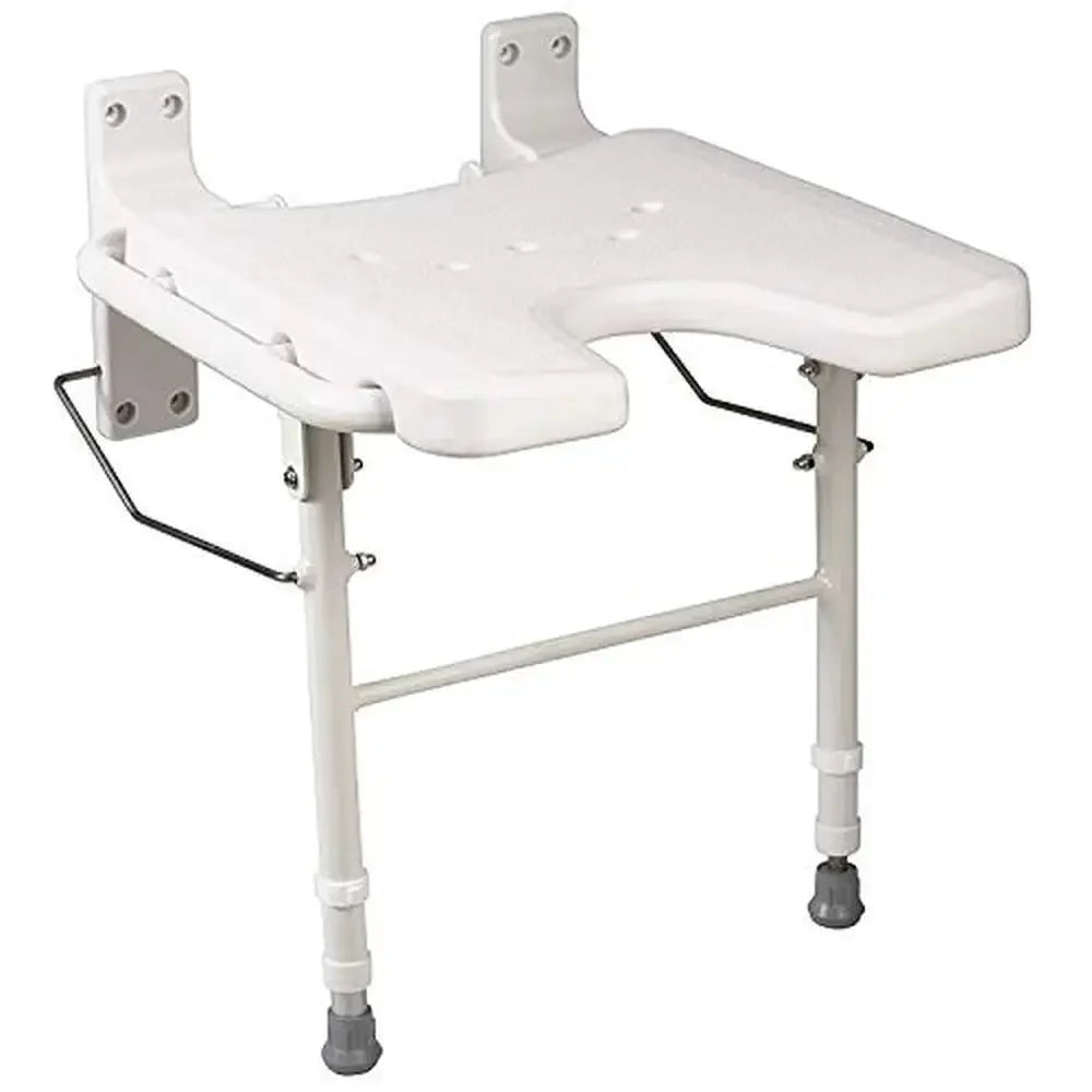Foldable Shower Chair Bench Wall Mount Space Saving Seat 16x16 Inches White Adjustable Legs FSA HSA Eligible Aluminum 250 Pound Capacity