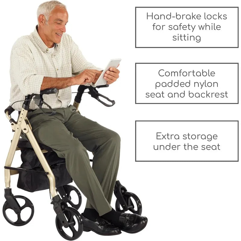 Prima Rolling Walker, Wheeled Rollator with Extra Wide Seat and Brakes for Adults and Seniors, Easy Folding, Metallic