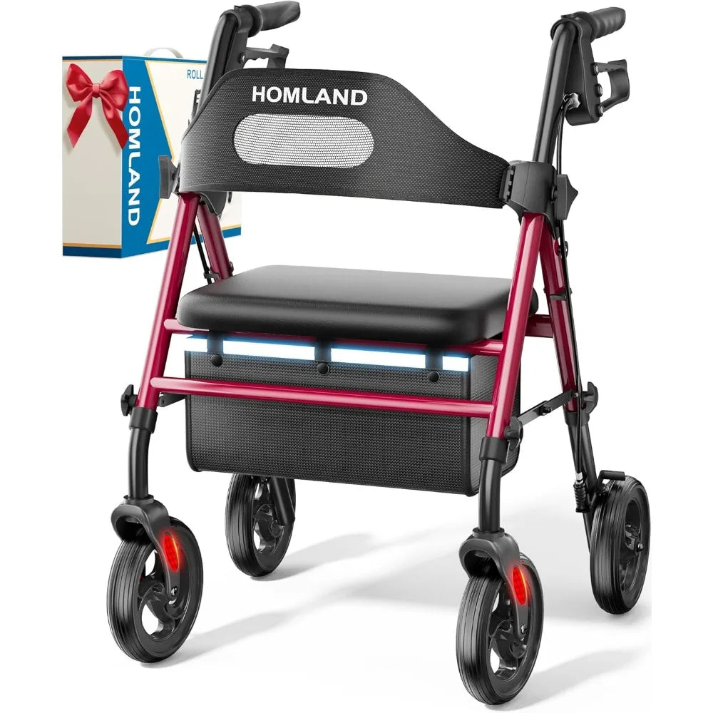 Foldable Rollator Walkers with Seat for Seniors, 8'' Big Wheels, 350 lb. Weight Capacity, Adjustable Handles and Seat Height