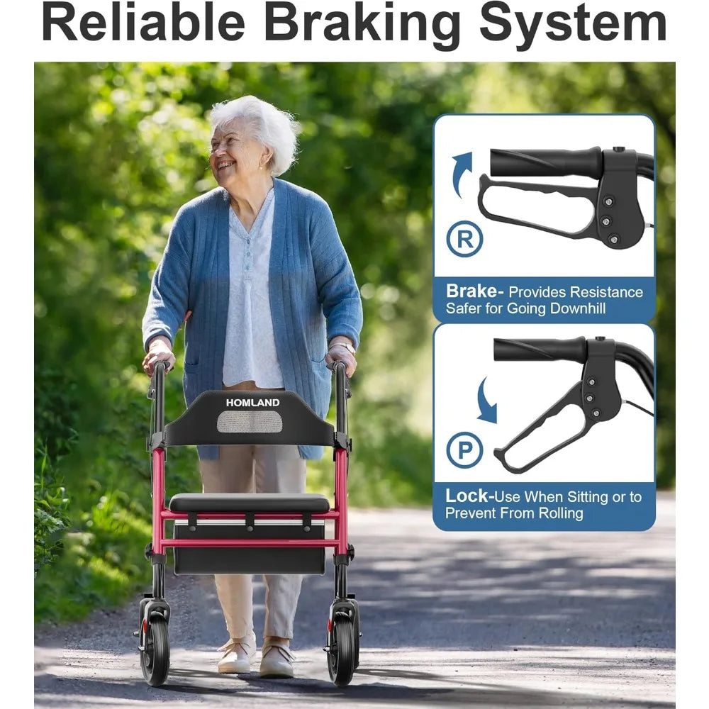 Foldable Rollator Walkers with Seat for Seniors, 8'' Big Wheels, 350 lb. Weight Capacity, Adjustable Handles and Seat Height