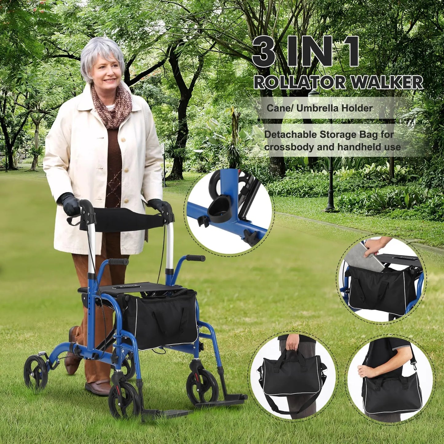 Rollator Walker for Seniors with Seat, 3 in 1 Walker Wheelchair Combo, Transport Wheelchair Walker All Terrain for Adult
