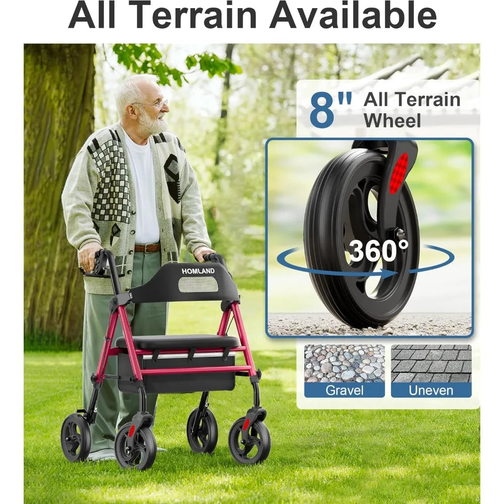 Foldable Rollator Walkers with Seat for Seniors, 8'' Big Wheels, 350 lb. Weight Capacity, Adjustable Handles and Seat Height