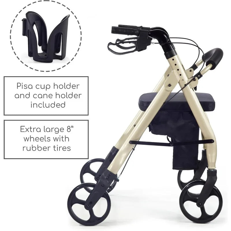 Prima Rolling Walker, Wheeled Rollator with Extra Wide Seat and Brakes for Adults and Seniors, Easy Folding, Metallic