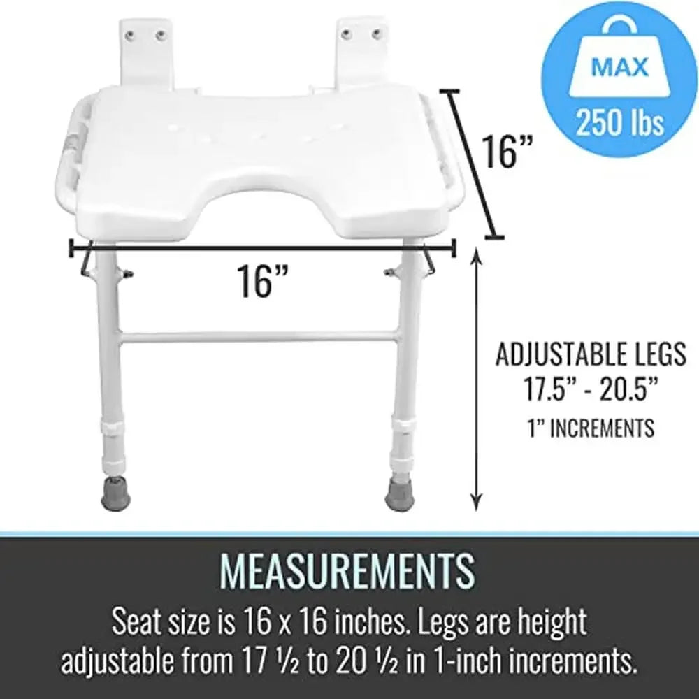 Foldable Shower Chair Bench Wall Mount Space Saving Seat 16x16 Inches White Adjustable Legs FSA HSA Eligible Aluminum 250 Pound Capacity