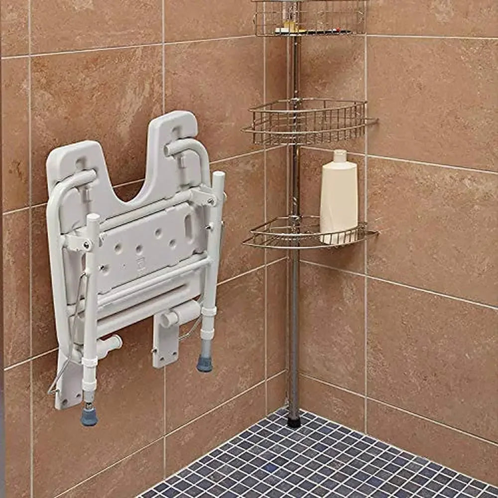 Foldable Shower Chair Bench Wall Mount Space Saving Seat 16x16 Inches White Adjustable Legs FSA HSA Eligible Aluminum 250 Pound Capacity