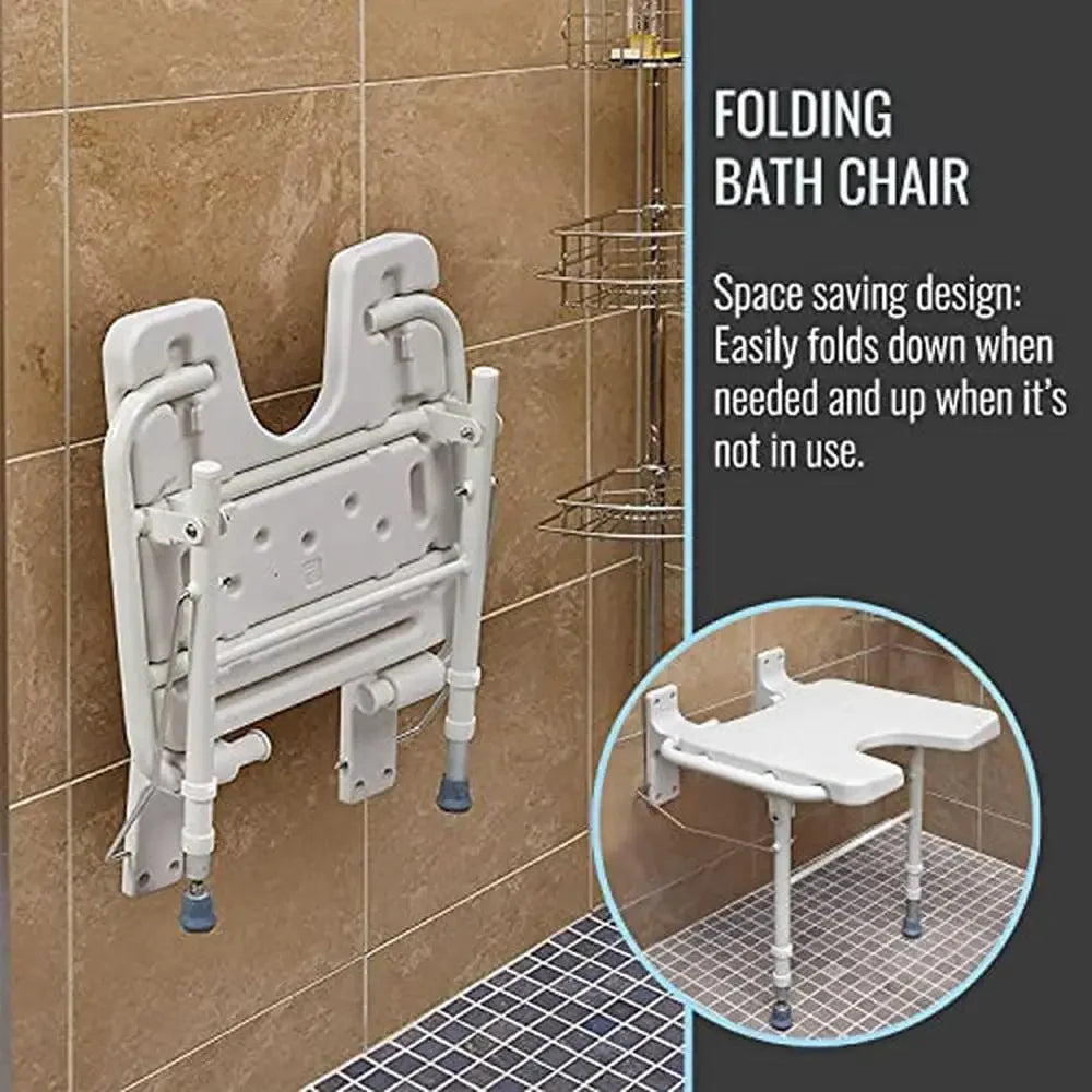 Foldable Shower Chair Bench Wall Mount Space Saving Seat 16x16 Inches White Adjustable Legs FSA HSA Eligible Aluminum 250 Pound Capacity