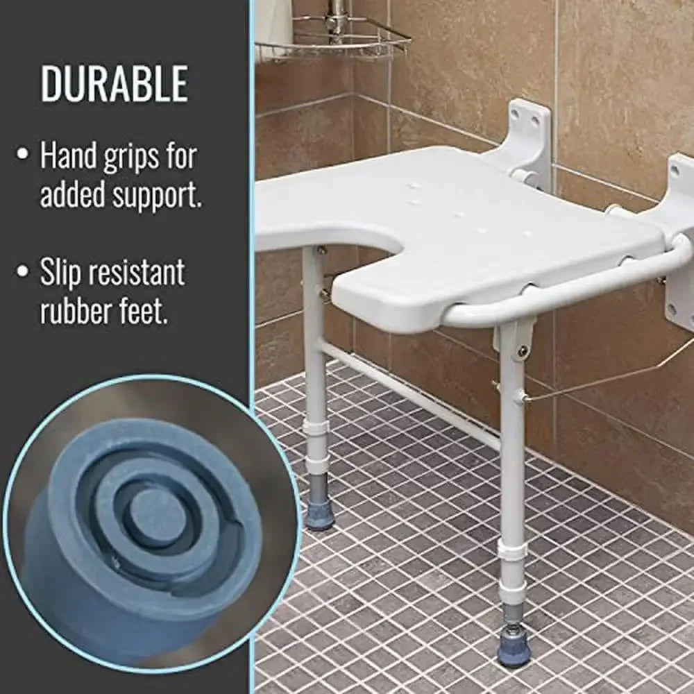 Foldable Shower Chair Bench Wall Mount Space Saving Seat 16x16 Inches White Adjustable Legs FSA HSA Eligible Aluminum 250 Pound Capacity