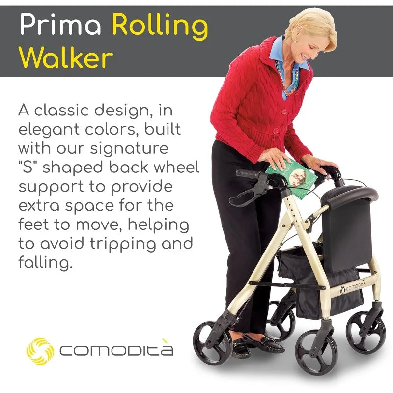 Prima Rolling Walker, Wheeled Rollator with Extra Wide Seat and Brakes for Adults and Seniors, Easy Folding, Metallic
