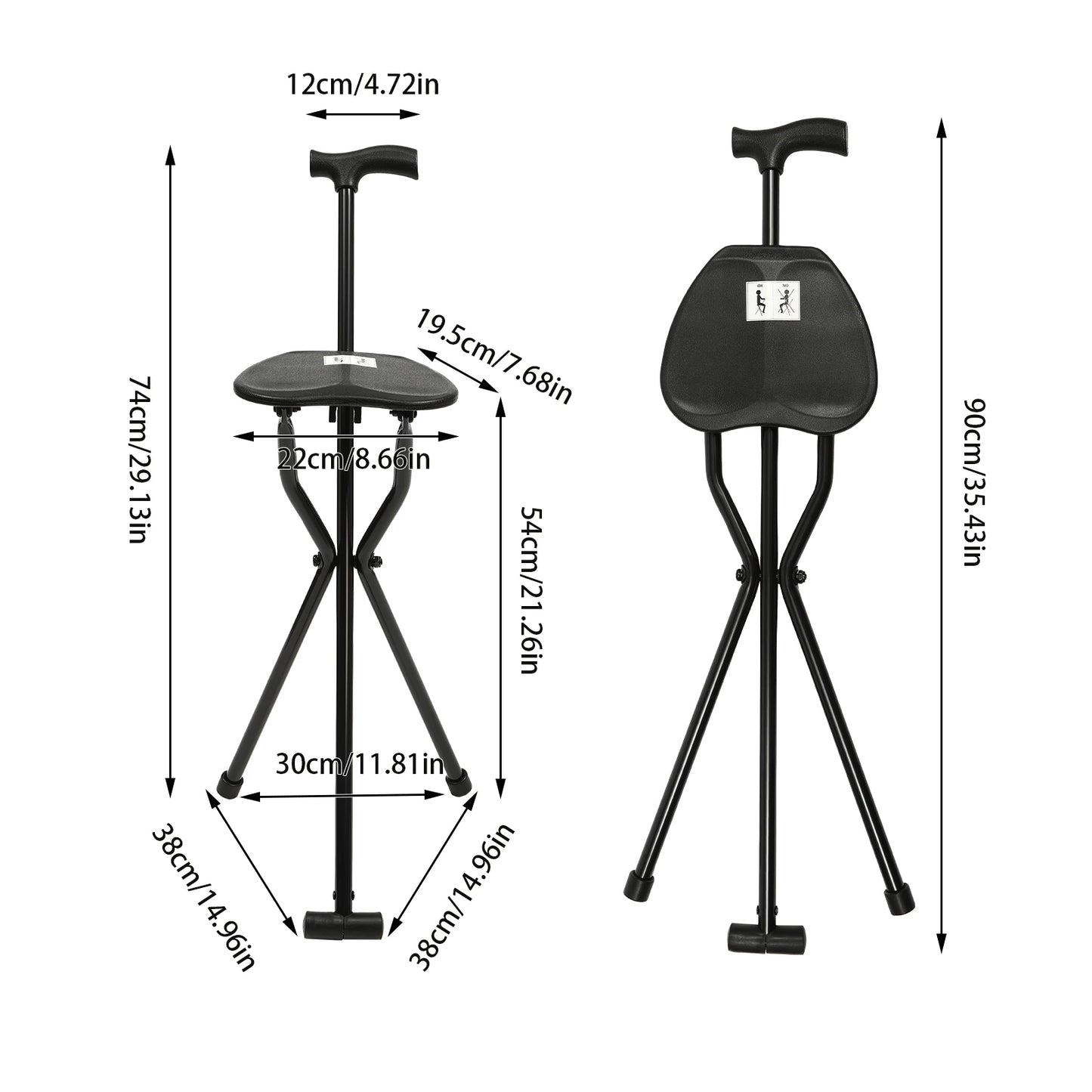 Walking Stick Cane Chair Folding Seat Tripod Stool Portable Elderly Aid 35.4 Inches Tall