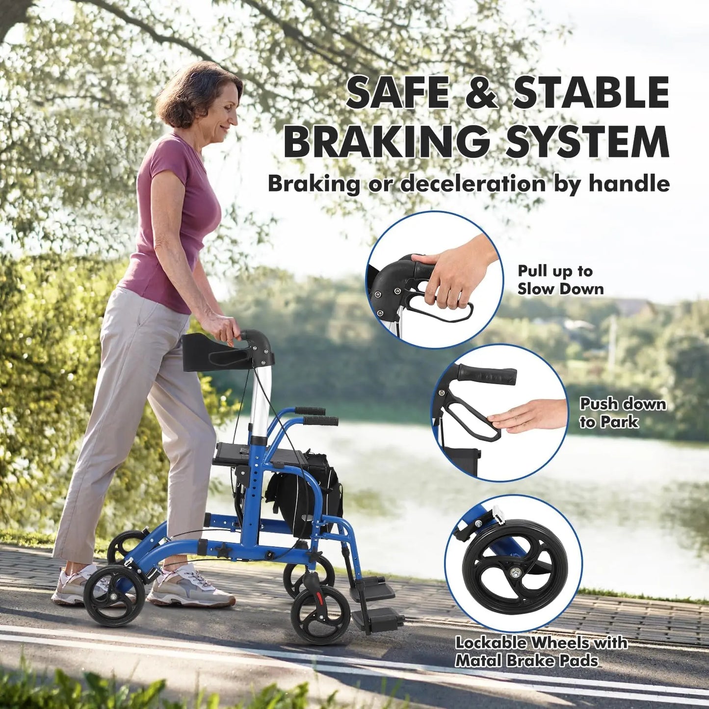 Rollator Walker for Seniors with Seat, 3 in 1 Walker Wheelchair Combo, Transport Wheelchair Walker All Terrain for Adult
