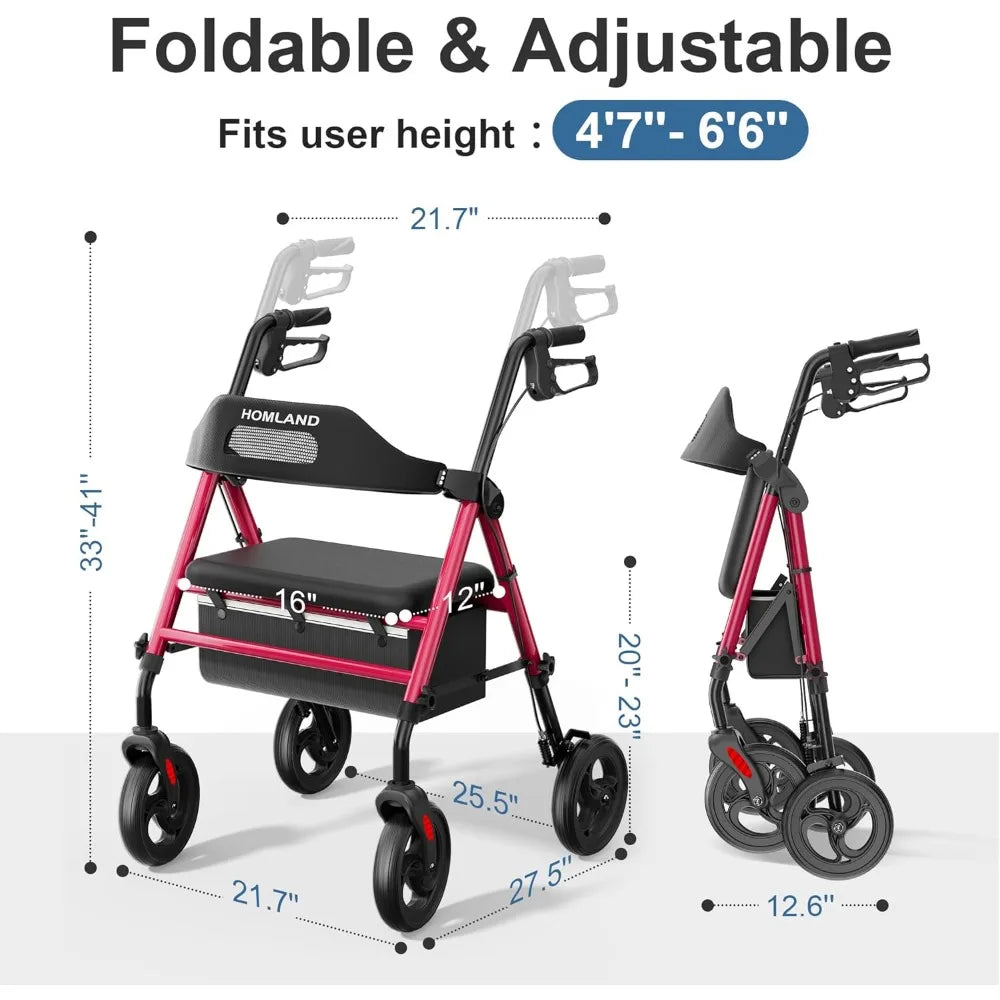 Foldable Rollator Walkers with Seat for Seniors, 8'' Big Wheels, 350 lb. Weight Capacity, Adjustable Handles and Seat Height