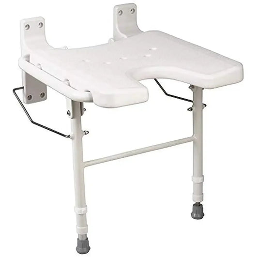Foldable Shower Chair Bench Wall Mount Space Saving Seat 16x16 Inches White Adjustable Legs FSA HSA Eligible Aluminum 250 Pound Capacity