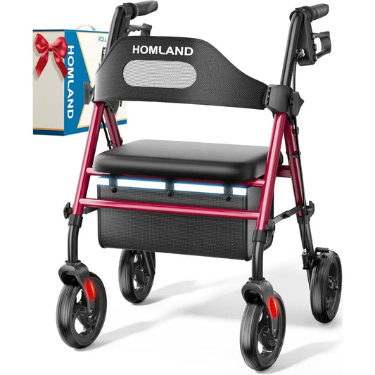 Foldable Rollator Walkers with Seat for Seniors, 8'' Big Wheels, 350 lb. Weight Capacity, Adjustable Handles and Seat Height