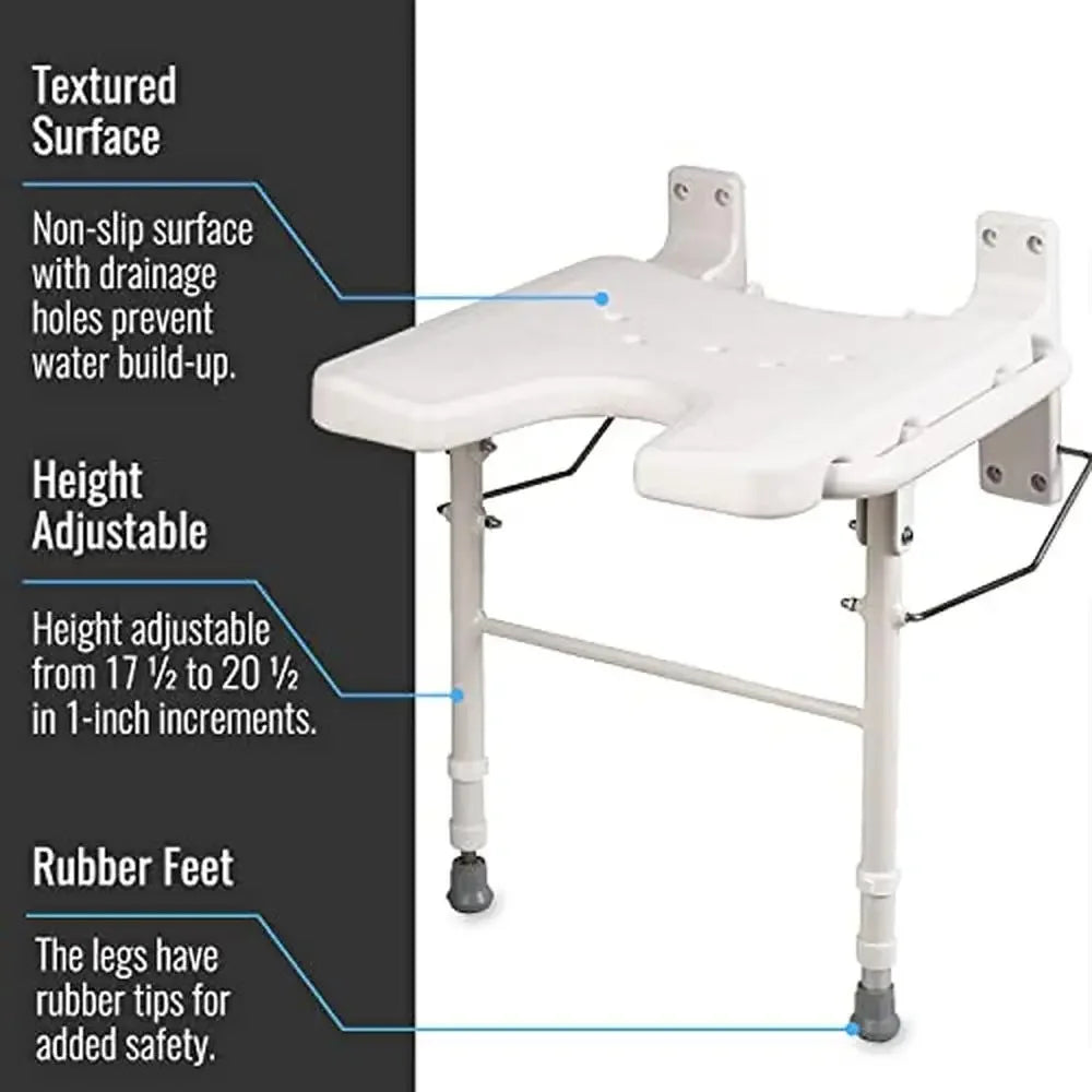 Foldable Shower Chair Bench Wall Mount Space Saving Seat 16x16 Inches White Adjustable Legs FSA HSA Eligible Aluminum 250 Pound Capacity