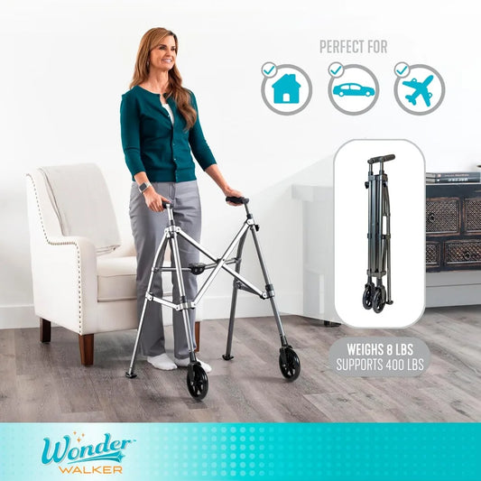 Wonder Walker, Lightweight Foldable Space Saver Rolling Walker for Adults, Seniors, and Elderly, Compact Travel Walker